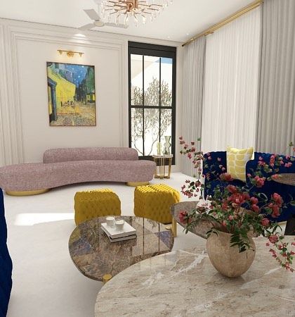 A full view of a luxurious living and dining area design. The mix of colors, textures, and high-end furniture creates a truly impressive space.