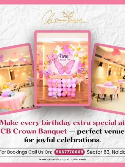 A lovely pink butterfly-themed decor setup. The central photo backdrop and balloon arrangements create a perfect spot for cake cutting and taking memorable pictures.