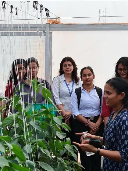 A trainer from our team explains the principles of protected cultivation to students from SCMS Bengaluru. Our educational visits are interactive, offering deep insights into modern and sustainable horticulture.