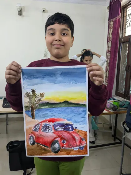 A classic red Volkswagen Beetle captured in watercolor. This student did a wonderful job painting the car's iconic shape and reflections, set against a beach backdrop.