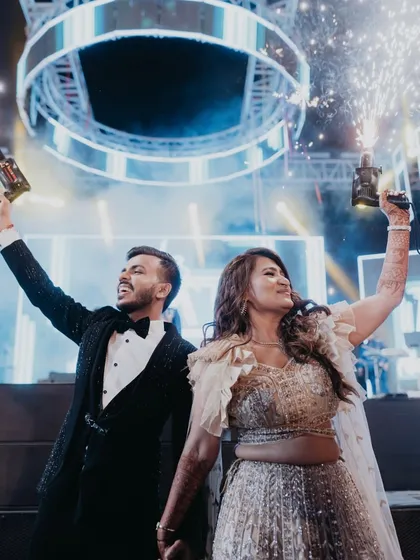 The perfect grand finale for a Sangeet performance. We love creating spectacular moments with elements like cold pyro guns that make the couple feel like the stars of their own show.