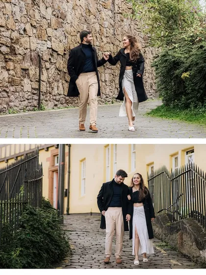 A two-panel image showing the couple walking hand-in-hand down different charming streets in Edinburgh. It captures the essence of exploring a new city together.