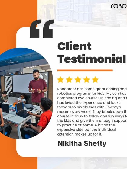 A client testimonial from Nikitha Shetty, who praises our coding and robotics programs for being easy to follow and fun, with enough support for her son to practice at home.