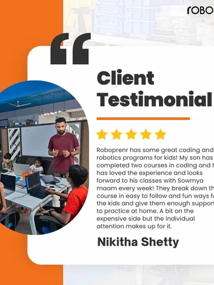 A testimonial from Nikitha Shetty, who shares that her son loves his coding classes with us. She appreciates how we break down the course into easy, fun-to-follow steps with great support.