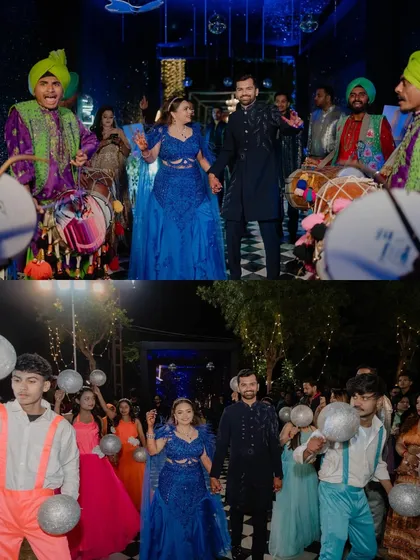 The grand entrance! Flanked by dhol players and performers, the couple enters their Sangeet with energy and style. We capture the entire spectacle, preserving the excitement of the moment.