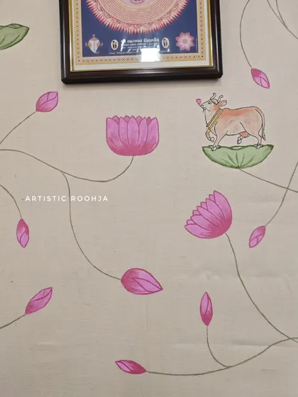 A Pichwai-style mural featuring a cow and lotuses, painted on a jute background for a flower shop. This unique texture adds a rustic and traditional feel to the commercial space.