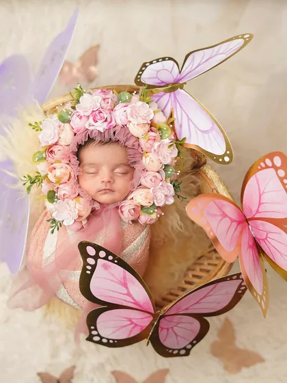 An overhead view of the butterfly theme, creating a magical scene of a newborn nestled amongst flowers and butterflies.