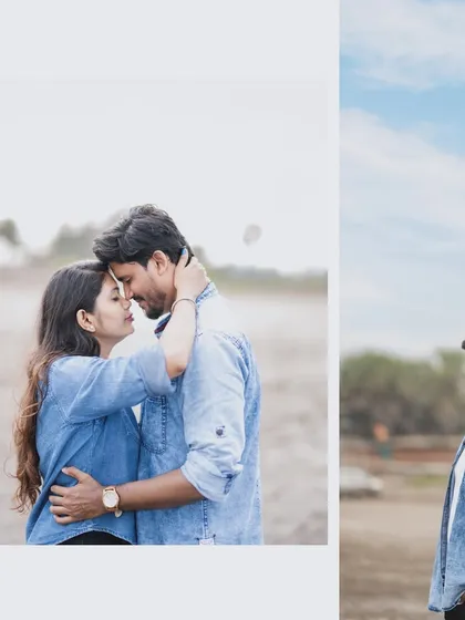A diptych combining an intimate close-up with a solo portrait of the groom, telling more of the story of their beach-side shoot.