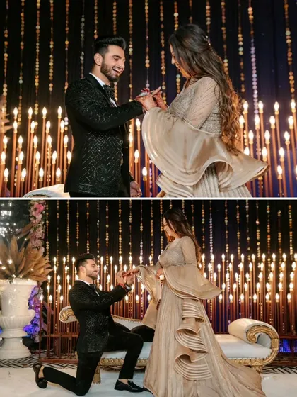 A diptych showing the groom proposing to the bride on stage, a classic and heartwarming moment.