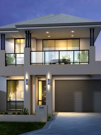A classic two-story home design featuring a hipped roof and a large integrated garage. The facade is simple and elegant, with large windows and a second-floor balcony that provides views and an abundance of natural light.