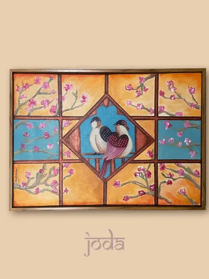This piece, titled 'Joda', is very close to my heart. It tells a story of love and companionship, with two birds finding their sanctuary amidst a changing world. I used acrylics on canvas to create this feeling of warmth and hope, which is a central theme in many of my custom narrative paintings.