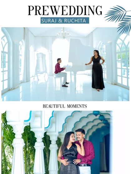 A beautiful pre-wedding portrait set in a pristine white room with a grand piano, creating a look of pure elegance and sophistication.