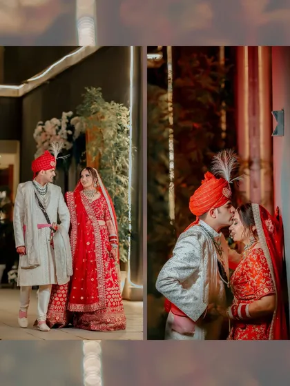 A diptych showing the couple walking together and a tender moment of the groom kissing the bride's forehead, capturing both posed and candid love.