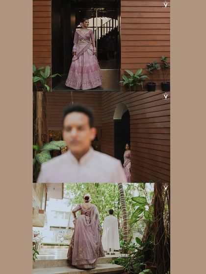 A collage showing a first look from different perspectives. From the bride's approach to the groom's out-of-focus anticipation, these shots build a beautiful narrative.