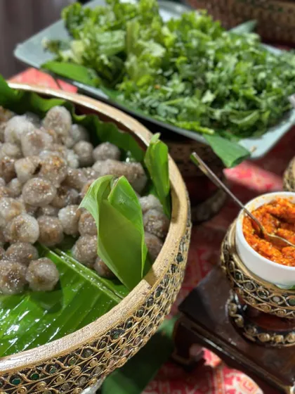 A spread of authentic Thai ingredients, including fresh herbs and tapioca pearls (sakoo). We bring in specialized chefs to ensure the most authentic taste for our global cuisines.