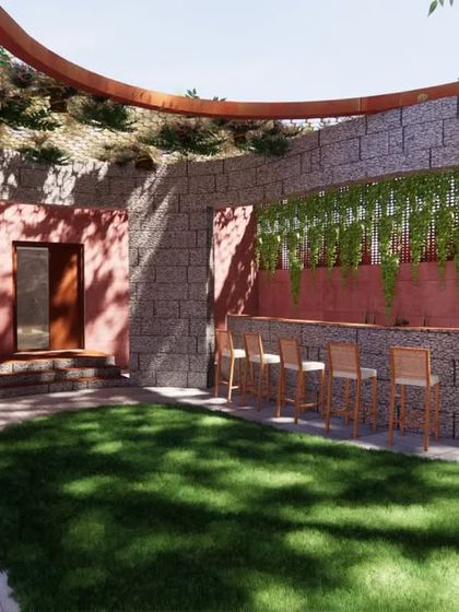 An alternate view of the courtyard, featuring a built-in stone bar and vertical gardens. This space is designed for hospitality and events, extending the brand experience outdoors with a focus on natural materials and relaxed seating.