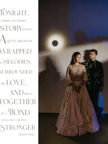 A creative edit combining a beautiful couple portrait with poetic text. This magazine-style layout adds a layer of storytelling to the Sangeet night memories.