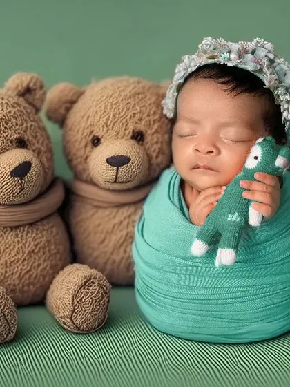 Best friends from the very start. A swaddled newborn cuddles with a row of teddy bears, creating a simple, heartwarming image that emphasizes comfort and companionship.