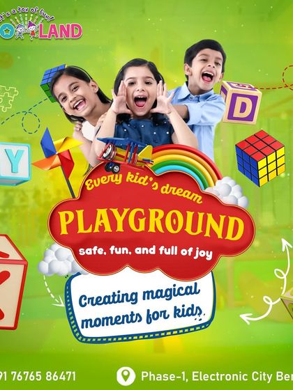 A graphic illustrating our space as every kid's dream playground: safe, fun, and full of joy.