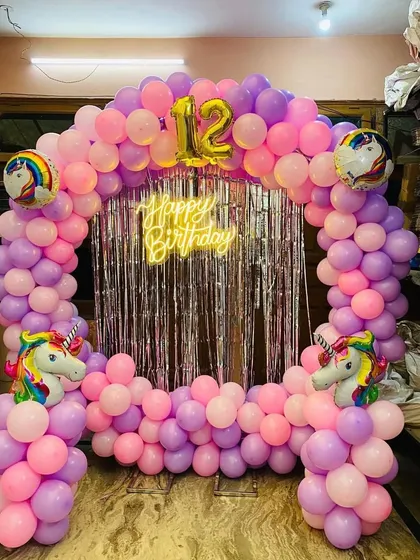 The complete unicorn balloon frame, perfect for creating a fun and colorful photo booth area.