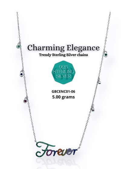 A beautiful 92.5 sterling silver chain with a "Forever" pendant in multicolor stones. The chain itself is also dotted with tiny colorful stones, adding to its charm.