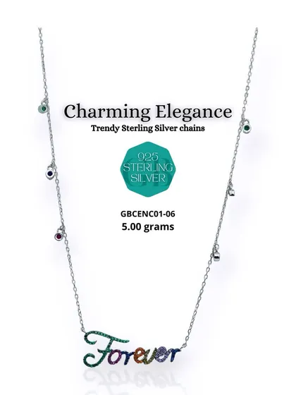 A beautiful 92.5 sterling silver chain with a "Forever" pendant in multicolor stones. The chain itself is also dotted with tiny colorful stones, adding to its charm.