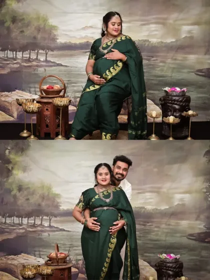 Here are two poses from a traditional maternity session. One is a serene solo portrait in a green saree, and the other is a beautiful couple's shot, both set against our classic painted backdrop.