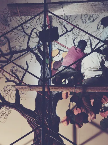 Here you see the creation of a large scale "Tree of Life" wall installation at Manipal University by Gopinath and his team. I not only exhibit art but also facilitate ambitious projects, connecting artists with opportunities for significant public and private commissions.