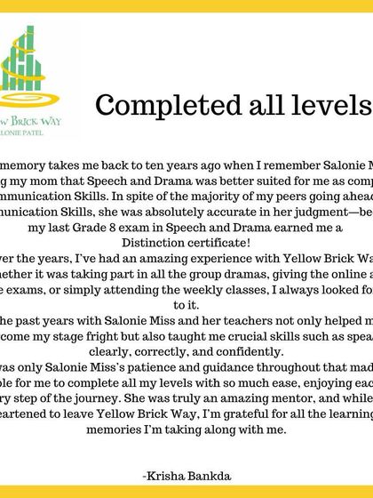 A student who completed all eight grades with us reflects on her ten year journey. She shares how our guidance helped her overcome stage fright and earn a Distinction in her final exam.