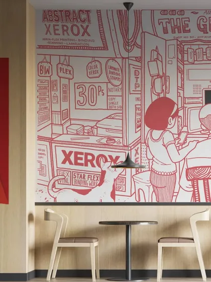 This graphic mural was a project for the Netflix headquarters in Mumbai. The goal was to create a nook inspired by the city's vibrant street corners, integrating themes from Netflix shows. It was a joy to bring the chaos and energy of a Mumbai gully to life on such a large scale.