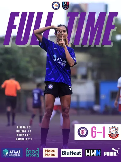 A 6-1 victory in the MFA Women's Premier League. This graphic celebrates our hat-trick hero and the dominant team performance.