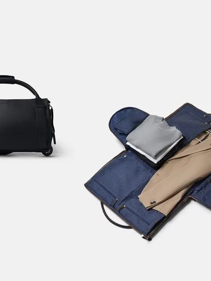 Does shooting a bag mean I'm planning a trip? This shot for a travel brand shows the utility of a garment duffle bag, displaying it both packed and unpacked. The clean white background keeps the focus on the product's features.