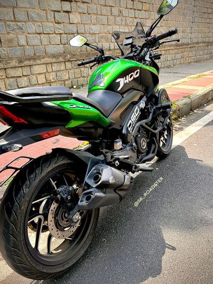 Our green Dominar, "Lucky 400," looking sharp on the streets of Bangalore. The D400 is a versatile machine, perfect for both city cruising and long-distance touring.