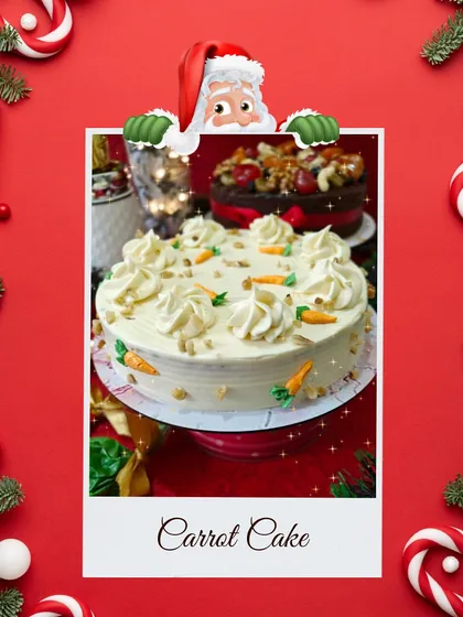 A classic Carrot Cake with cream cheese frosting, decorated with cute little carrots, perfect for a cozy Christmas treat.