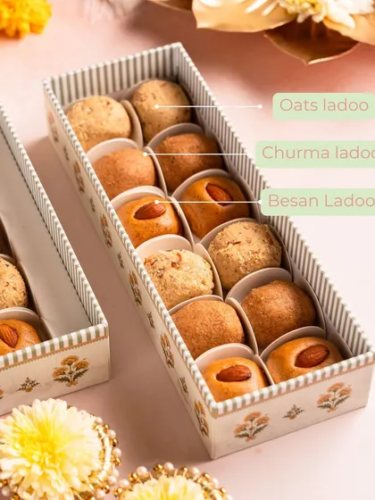 My assorted laddoo boxes are a celebration of tradition and health. Inside, you'll find different varieties like Oats, Churma, and Besan laddoos, each made with wholesome ingredients and no refined sugar.