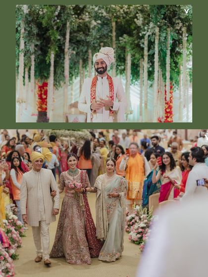 The groom waits with a smile as his bride walks down the aisle with her parents. This collage captures the emotion and significance of the bridal procession.