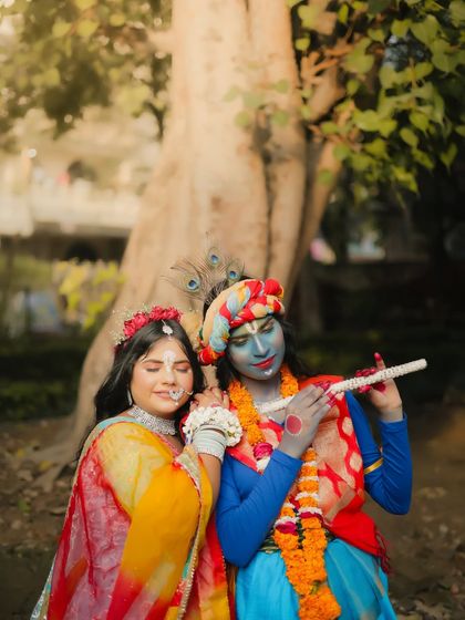An artistic shot of the couple, with a focus on the serene and devotional mood.