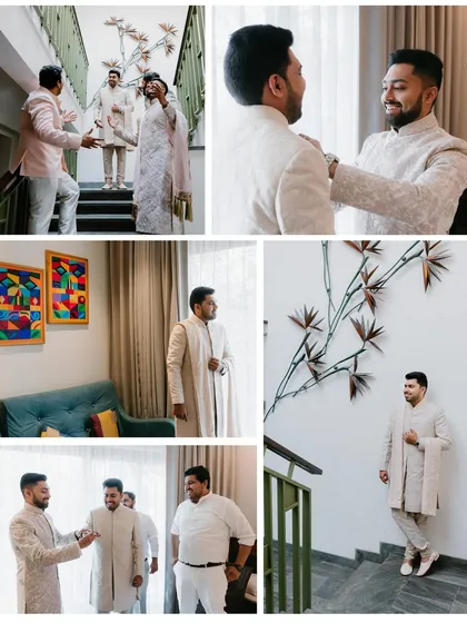 A collage of the groom getting ready with his friends and family, sharing laughs and receiving help with his attire.