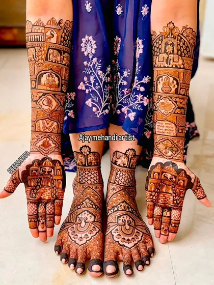 I offer complete bridal packages that include beautiful, matching designs for both hands and feet. This ensures a cohesive and traditional look, with detailed patterns from your fingertips to your toes.
