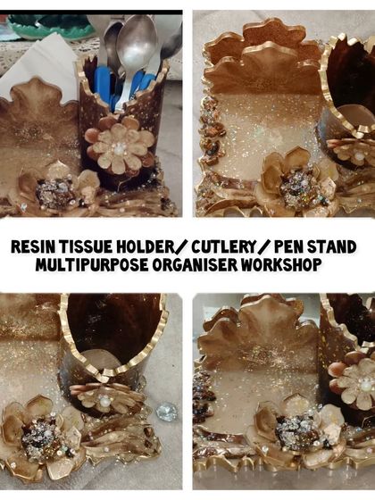 This collage shows the types of items you can learn to make in my workshops, from geode art to 3D photo art and functional items like tissue holders. I also provide business tips and marketing strategies.