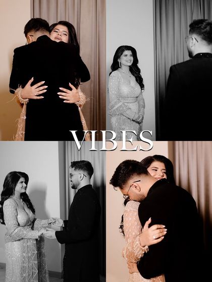 This collage captures the candid "vibes" of an engagement shoot. It mixes color and black and white to show the hugs, laughter, and quiet looks that happen between the posed shots.