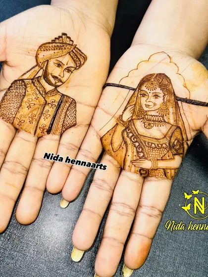 A figure demo for students, showing how to create bride and groom portraits on the palms. We start with practice on paper and then move to hands-on application.
