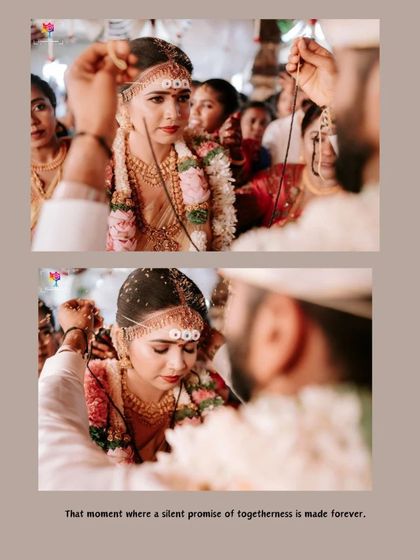 "That moment where a silent promise of togetherness is made forever." A close-up collage of the Thaali tying ceremony, focusing on the bride's emotional expression.