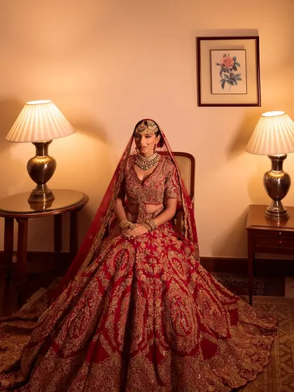 A wide shot capturing the full grandeur of the red bridal lehenga. The styling creates a powerful and unforgettable bridal image.