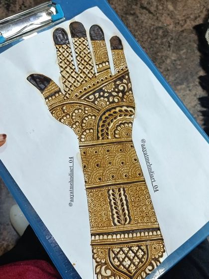 This is a practice sheet for a traditional Indian mehendi design. We break down complex patterns into manageable sections like wrist bands, finger details, and palm work.