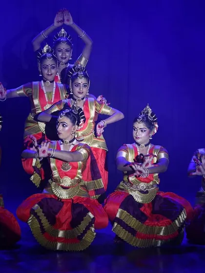 A group of my young dancers forming a beautiful tableau during the 'Narasimha Kavuthuvam', depicting the story with devotion and grace.