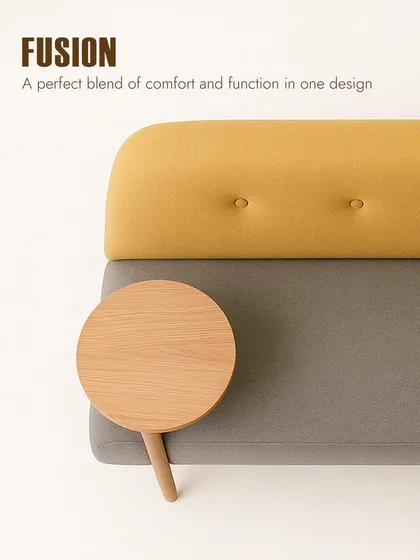This top-down view highlights the 'Fusion' aspect of our sofa, blending comfort and function. The attached wooden table provides a convenient surface, making this a smart and efficient piece for compact spaces.