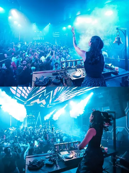 A view from my perspective at the DJ booth in Thane. The club was filled with energy, with CO2 jets and a sea of people dancing under the blue lights.