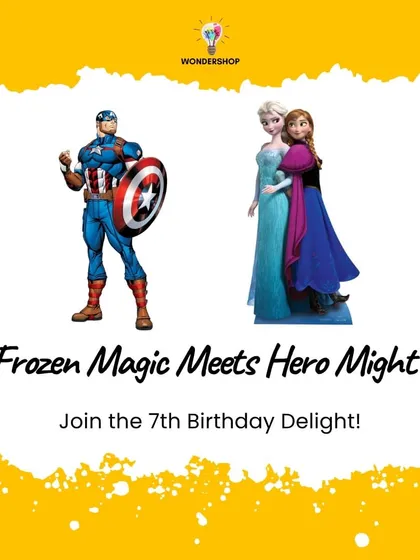 This invitation graphic for Aadya and Vivaan's party perfectly captured their 2-in-1 theme: Frozen Magic Meets Hero Might. We can design all the stationery to match your unique party concept.