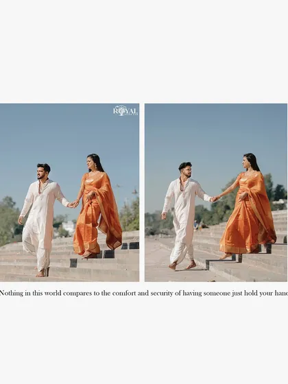 A diptych showing a couple in traditional attire walking hand-in-hand down the ghat steps.